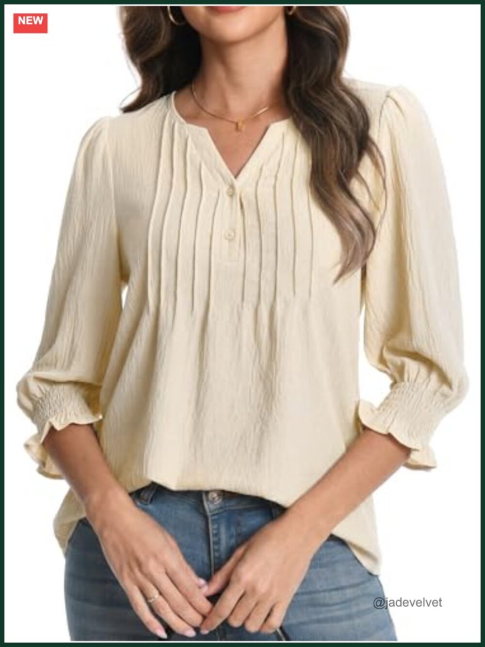 Women's 3/4 Sleeve V Neck Pleated Button Down Blouse Business Casual Top